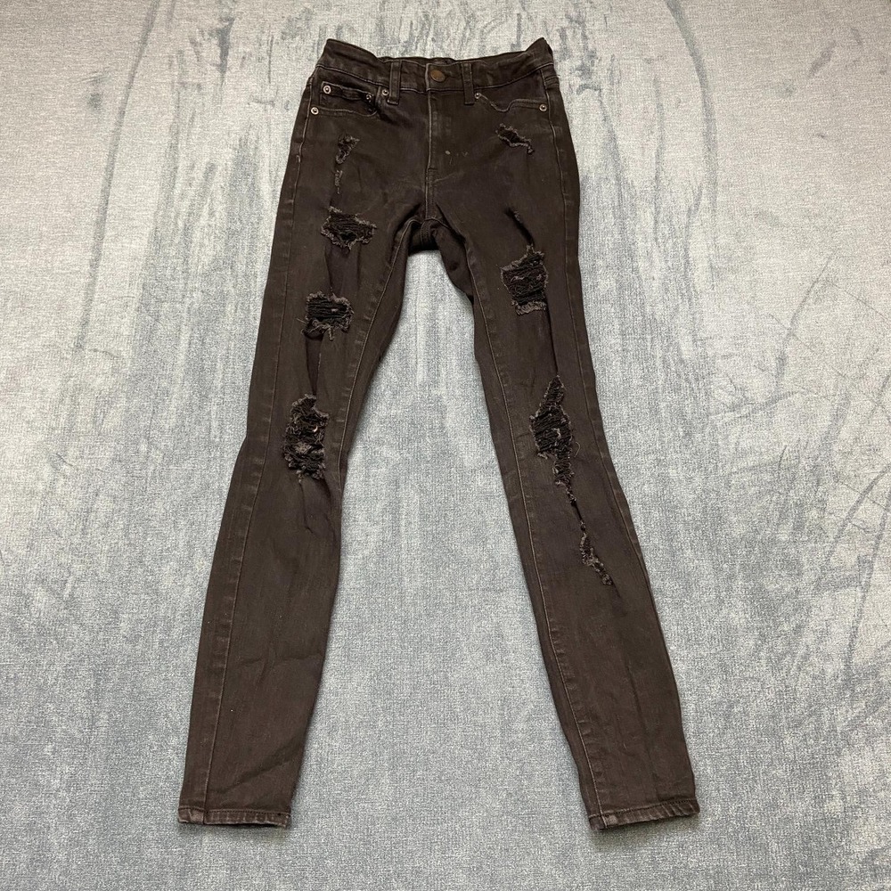 Aeropostale Jeans Womens 00 23x26.5 Black Denim Dark Wash Distressed Mid Rise